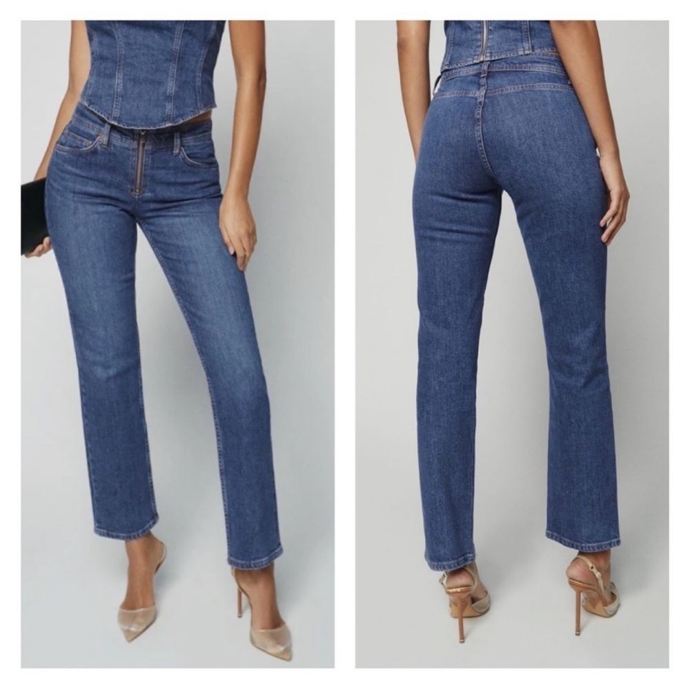 NWT Reformation Jeans Dark Blue Straight Leg Julianna Zip Mid Rise 24
